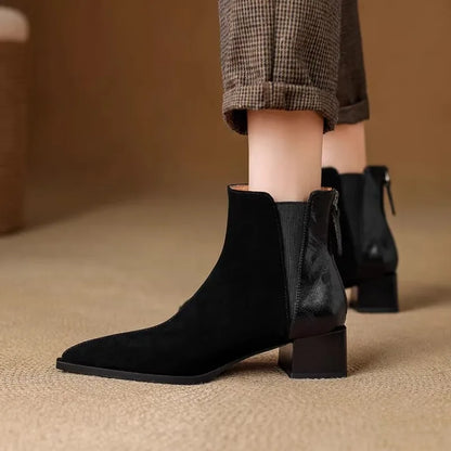 Autumn Winter Women Thick Heel Ankle Boots Elegant Back Zippers Shoes Modern Leather Suede Splicing Short Botas Para Mujer.