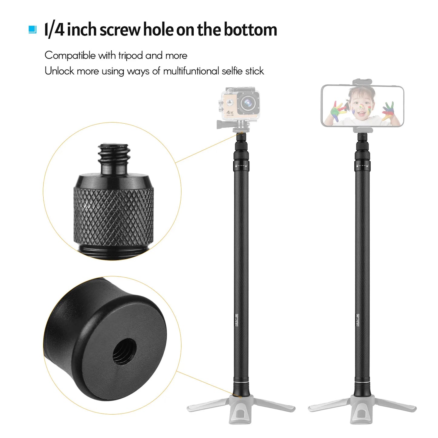 Carbon Fiber Selfie Stick Adjustable Extension Pole with 1/4 Inch Screw Replacement for One X/ One X2/ One R Panoramic Camera.