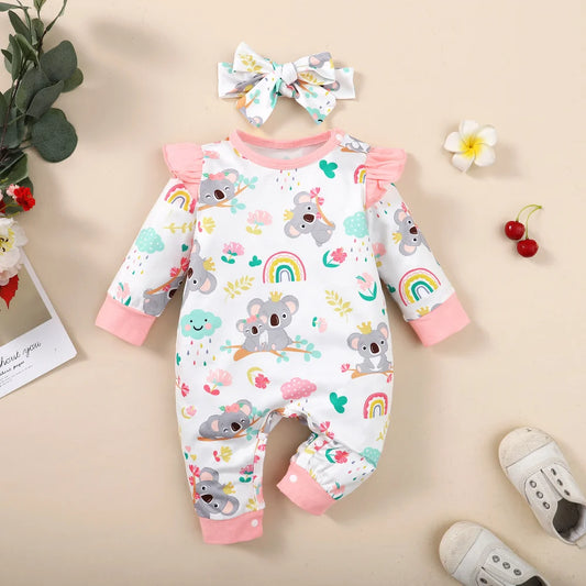 Neugeborenes Baby-Body für Mädchen, süßer kleiner Koala-Body + Stirnband, 2 Stück, passend für 1–12 Monate, Baby-Frühlings- und Herbst-Crawler-Anzug