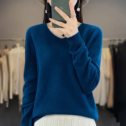 Women 100% Merino Wool Sweater V-Neck Basic Pullover Autumn Winter Cashmere Clothing Long Sleeve Soft Knitwear Tops Solid Color