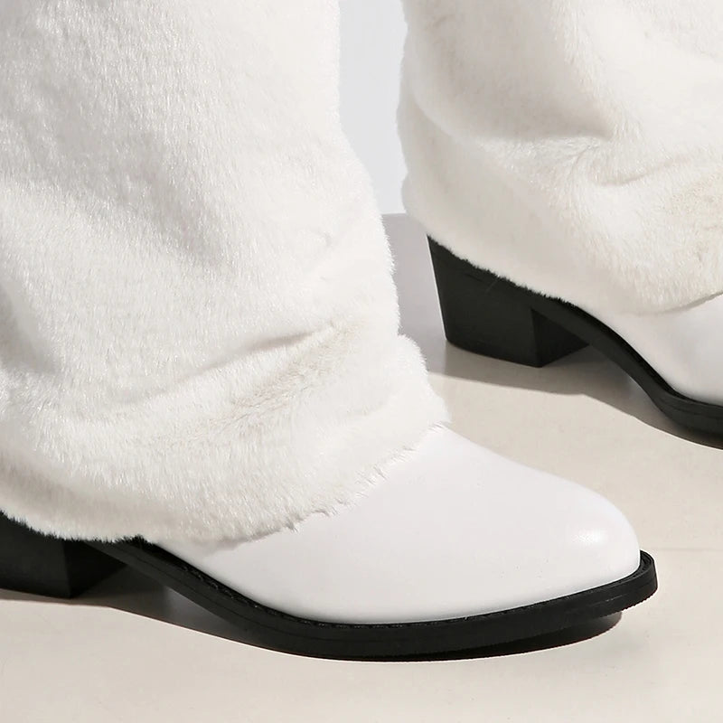 Luxury White Faux Wool Knee High Boots Women Winter Soft Plush Straight Tube Boots Woman Fashion Slip On Block Heel Long Botas.