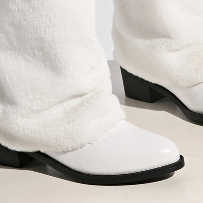 Luxury White Faux Wool Knee High Boots Women Winter Soft Plush Straight Tube Boots Woman Fashion Slip On Block Heel Long Botas.