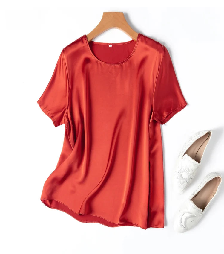 Women 100% Mulberry Silk 19 Momme half sleeve Crew Neck Top Shirt Blouse T-shirt More Colors M L XL MM4270.
