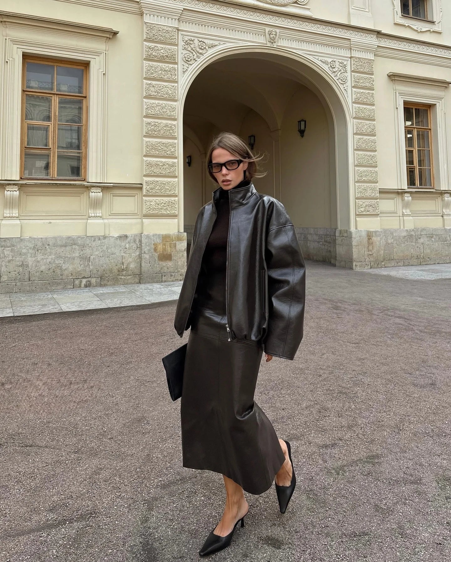 Chic Stand Collar Leather Long Skirt Sets Women Long Sleeve Jackets Spliced Solid Skirts 2025 Autumn Lady Y2k Outfits dress