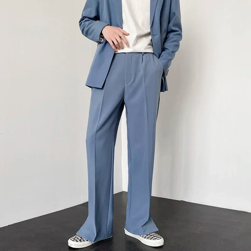 Men's Straight Baggy Casual Pants Korean Slit Personality Suit Trousers Fashion Formal Business Male Streetwear Gray Khaki Black