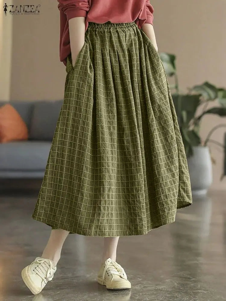 ZANZEA Women's Vintage Gingham Midi Skirts Casual Elastic Waist Gathered A-Line Skirt 2025 Autumn Woman Clothing Bottoms S-3XL.