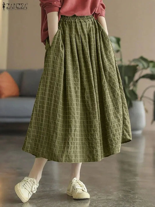 ZANZEA Women's Vintage Gingham Midi Skirts Casual Elastic Waist Gathered A-Line Skirt 2025 Autumn Woman Clothing Bottoms S-3XL.
