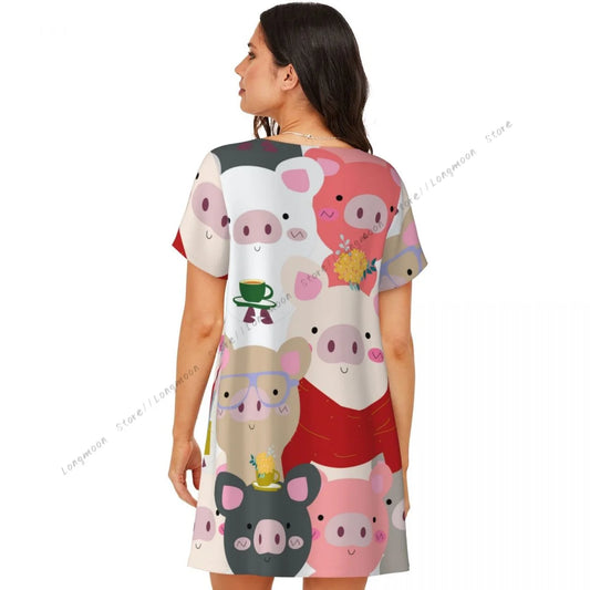 Sommer-Damen-Pyjama, Vintage-Stil, süßes Babyschwein, blau, grau, Pastell, Cartoon-Comic-Kunst, kurzärmeliges Nachthemd, dünner langer Rock, Homewear