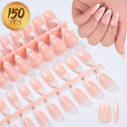 150Pcs Pre-made French False Nails Scarless Coffin Almond Fake Nail Artificial Fingernails Press on Nails for Nail Extension.