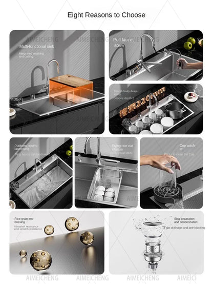 Original-Finish, spülmaschinenkompatibles SUS304-Edelstahl-Küchenspüle mit großer Einzelschüssel und Unterbau