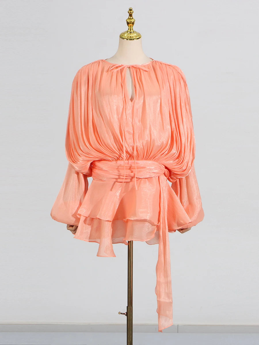 GALCAUR Solide Lose Splicd Lace Up Kleider Für Frauen V-ausschnitt Mit Langen Ärmeln Patchwork Rüschen Tunika Kleider Weibliche Mode Neue