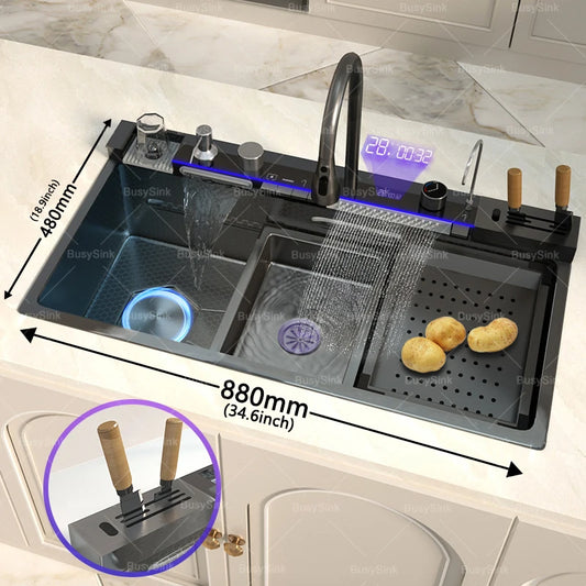 Stainless Steel Kitchen Sink With Waterfall Cup Washer Knife Rack Embossed Extra Large Single Slot Apartment Left Side Drainage
