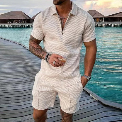 Casual Mesh Lapel short-sleeved Pullover + Shorts Solid Thin Sportswear set, Black suit, men's Sportswear T-shirt Set.