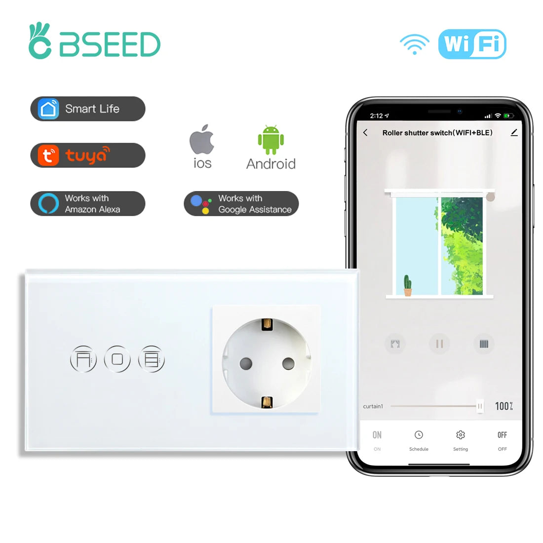 BSEED Wifi Shutter Schalter APP Control Led Smart Blind Serie Weiß Glas Panel Unterstützung Tuya Google Smart Leben Rollladen