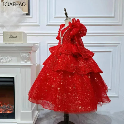 2025, Kinderkleid, Performance-Outfit, Mädchen, Blumen-Pailletten, geschwollenes Kleid, rote Partykleidung, Kinder, Mädchen, Geburtstag, Prinzessinnenkleider, glitzernd