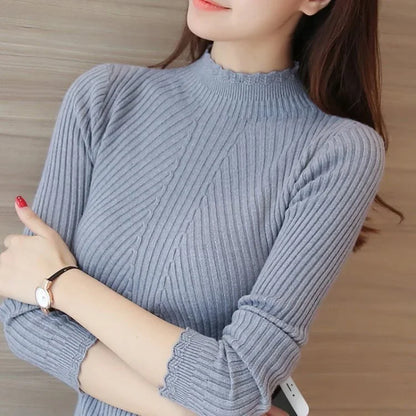 Frauen Mock Neck Rüschen Pullover Langarm Gestrickte Bodenbildung Solide Pullover Frauen Casual Streifen Pullover Herbst Winter 2023