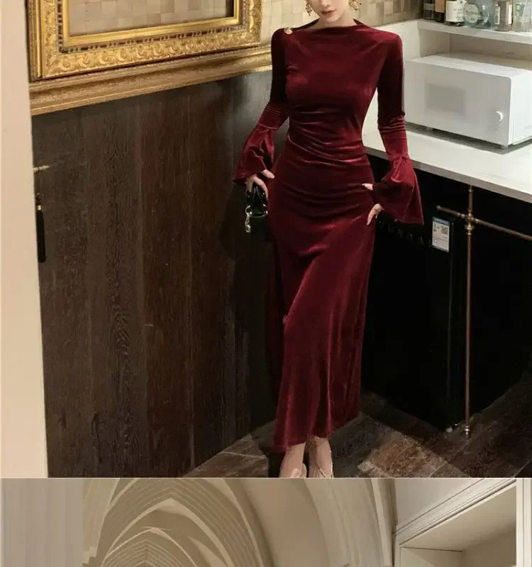 Internet Celebrity High-End-Samtkleid Leichtes, temperamentvolles, hoch tailliertes, schlankes, burgunderrotes Fischschwanzkleid