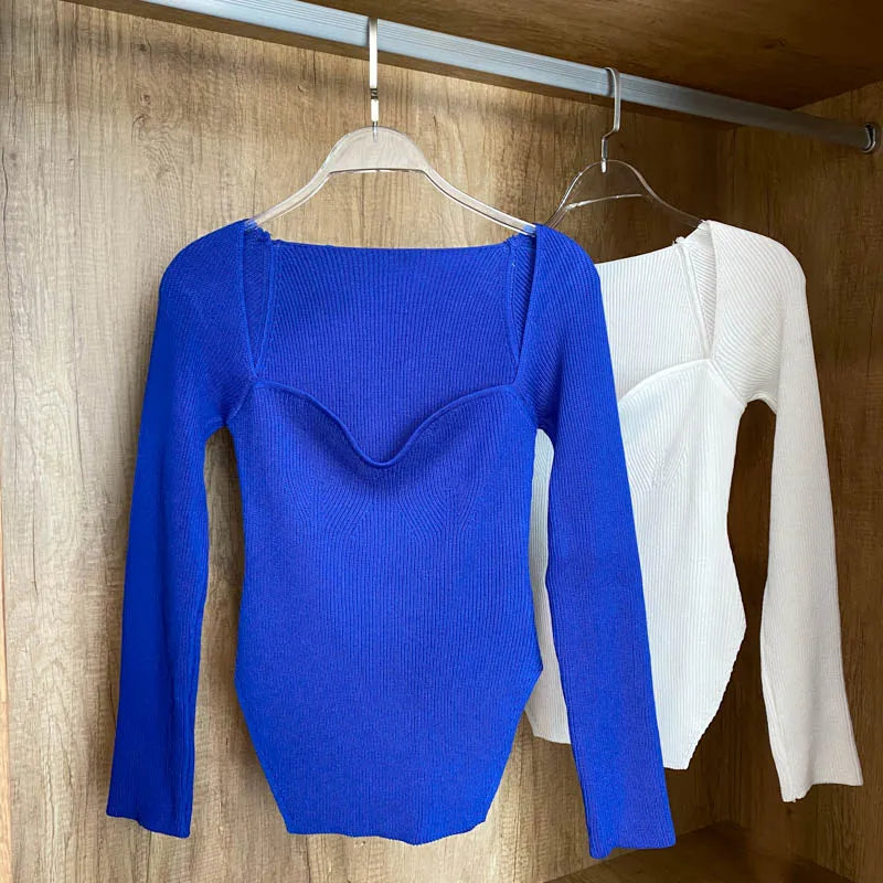 Quadrat Kragen Langarm Frau Pullover Gestrickte Pullover Frauen Frühling Herbst Pullover Winter Tops Für Frauen Schwarz Weiß Jumper.