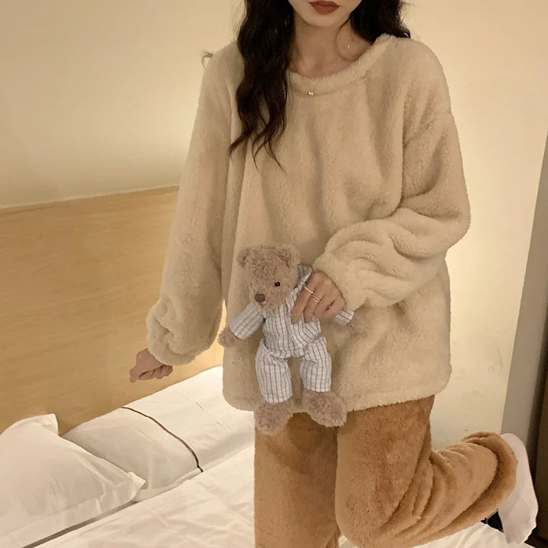 Winter Fleece Women Pajamas Set  Sleepwear Solid Velvet 2 Piece Pant Home Suit Fluffy Casual Warm Flannel Night Wear