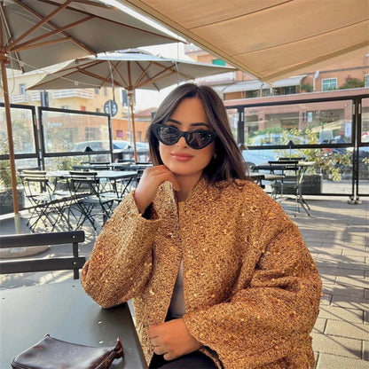 2023 Autumn/Winter New Product Women's New Fashion and Casual Versatile Stand up Collar Long Sleeve Beaded Jacket Coat.