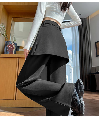 Design Style Fake Two-piece Curtain Suit Pants Women Fall High Waisted Wide Leg Trouser Office Ladies High Quality Straight Pant.