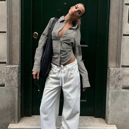 2025 Autumn Winter Women Vintage Long Sleeve Checkered Shirt Design Crop Blouse Y2k 2000s Top Stylish High Street Gyaru Coquette.