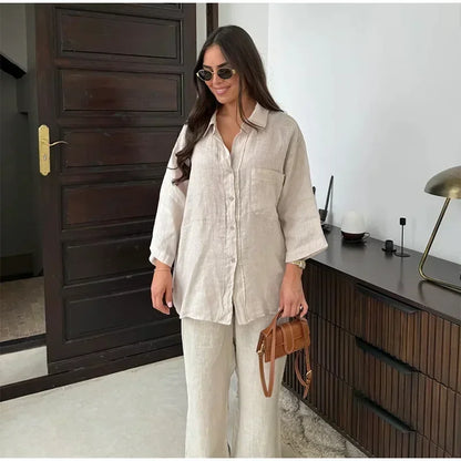 Women Vintage Solid Loose Pants Suit Lapel Single Breasted Long Sleeve Shirt Wide Leg Pants 2 Pcs Set 2025 New Ladies Streetwear.