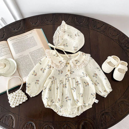 2023 frühjahr Neue Baby Kleidung Floral Body für Kleinkind Mädchen Kleinkind Peter Pan Kragen Langarm Ein Stück mit Hut 0-2 Y.