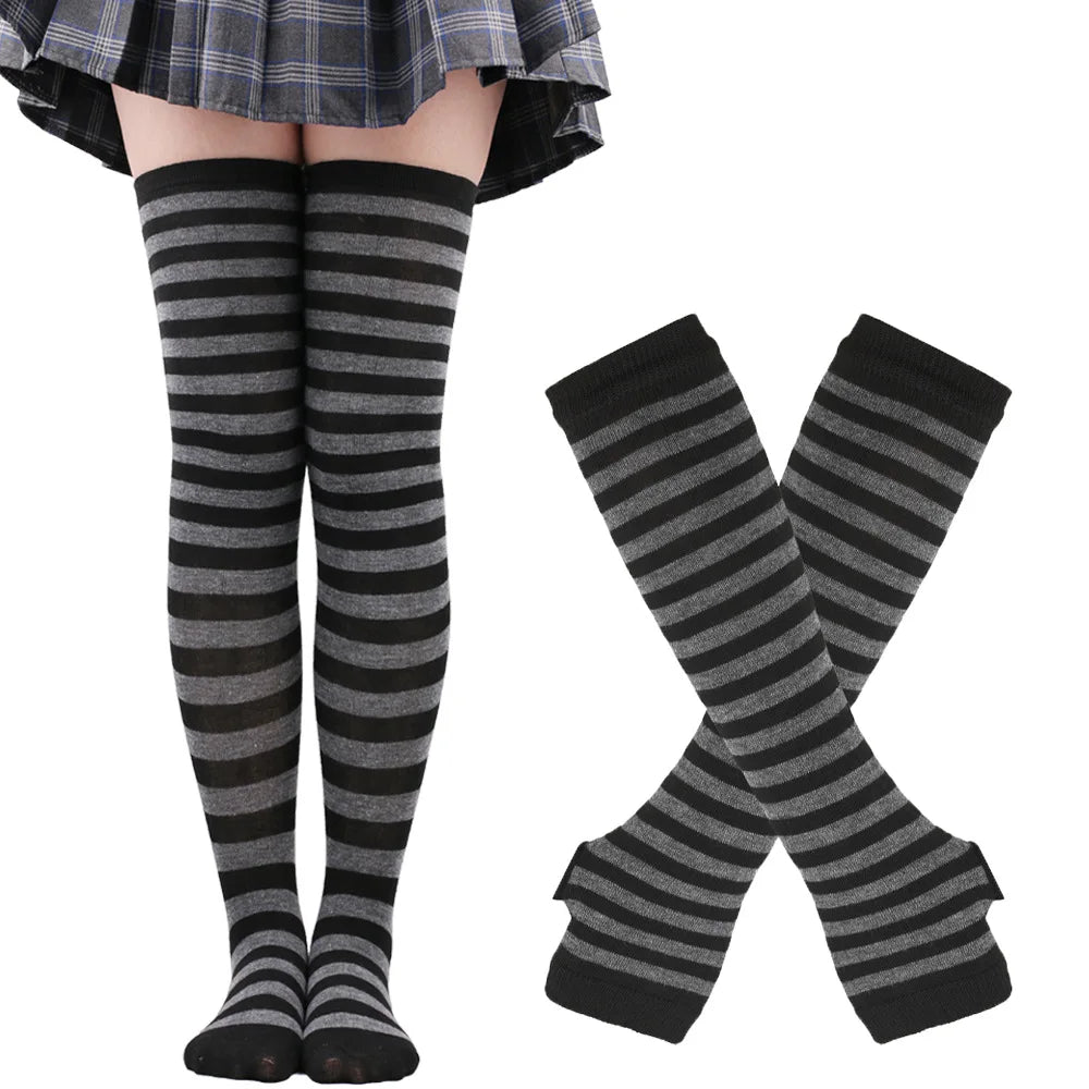 2Pair/Set Women Gothic Punk Over Knee Long Stripe Socks Girl Arm Sleeve Gloves Thigh High Cotton Socks Sweet Cute Soks Hosiery.