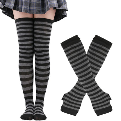 2Pair/Set Women Gothic Punk Over Knee Long Stripe Socks Girl Arm Sleeve Gloves Thigh High Cotton Socks Sweet Cute Soks Hosiery.