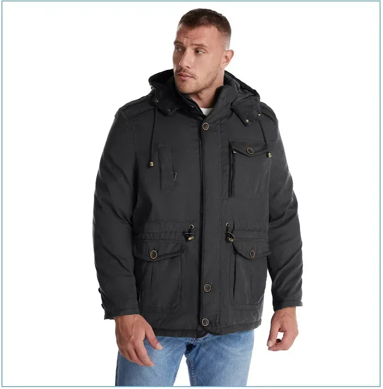 Men's Jacket WINTER USA SIZE Large SIZE Lamb Fleece JACKETS Hooded Cotton Thickened Multi Pocket Casual Mid length Coat