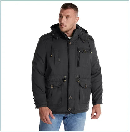 Men's Jacket WINTER USA SIZE Large SIZE Lamb Fleece JACKETS Hooded Cotton Thickened Multi Pocket Casual Mid length Coat