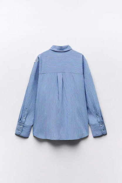 Spring 2024 New Arrival Women's irt Embroidered Flower Decorated Stripe Casual Loose Fit Long Sve Button up Polyester Fiber.