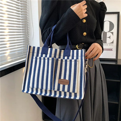 Cool Street Handbag, Large Capacity Women's Shoulder Bag, Trendy Striped Canvas Crossbody Bag, Fashion Travel Shopping Tote Bag.