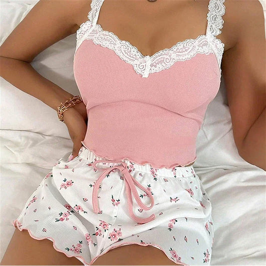 Zweiteiliges Sommer-Pyjama-Set für Damen, gerippt, gestrickt, Blumendruck, Spitzenbesatz, Leibchen, Weste und Schleifen-Shorts, sexy Pyjama-Set