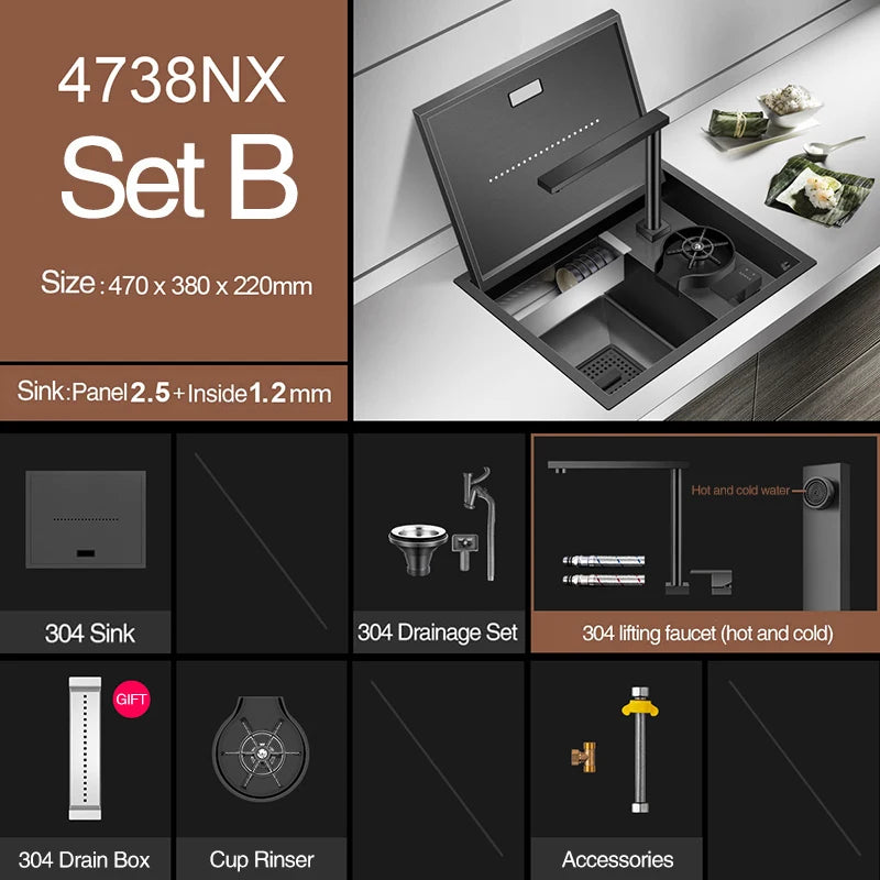 ASRAS Hidden Bar Island kitchen Sink Nanometer SUS 304 Flip Cover Hidden Handmade Small Size kitchen Sinks With Cup Rinser