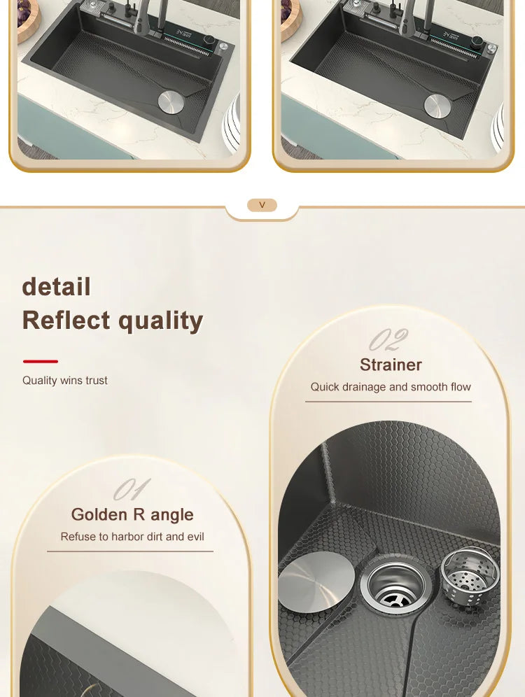 Edelstahl-Küchenspüle mit Wasserfall-Wasserhahn, integrierte Digitalanzeige, geprägtes Waschbecken für die Küche