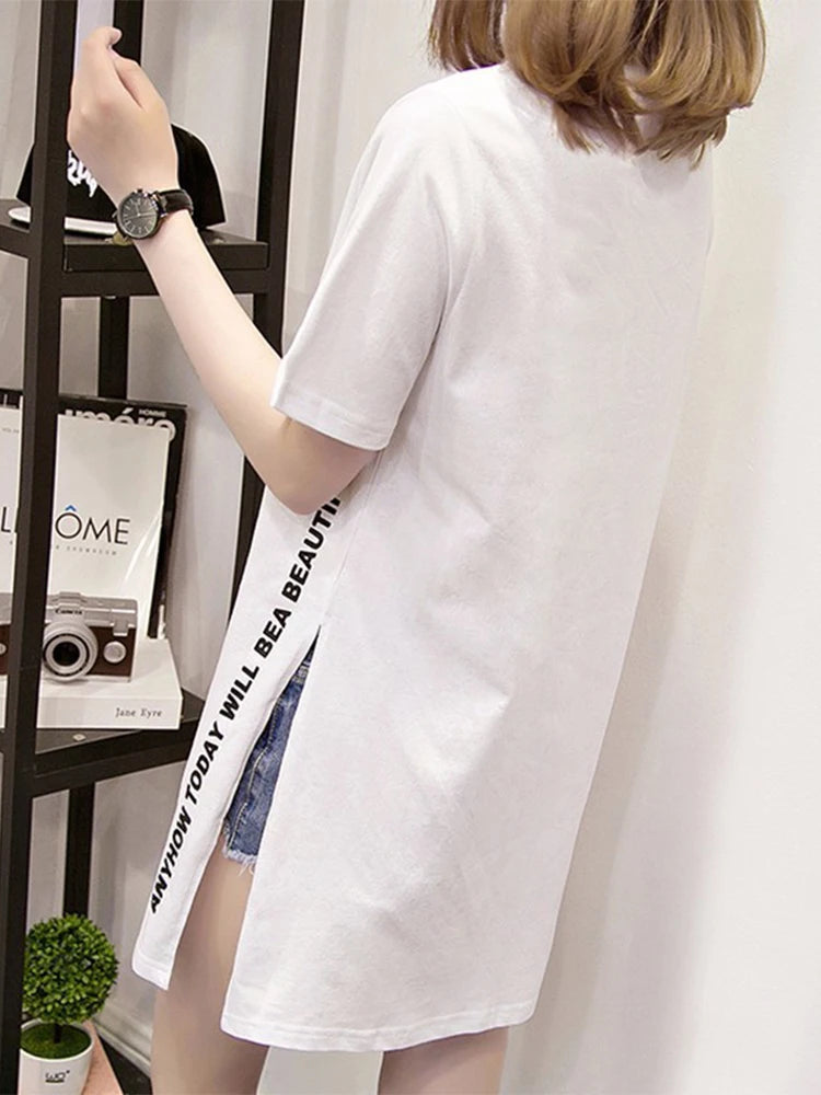 WONDERFUL DAY Print Long T shirts Summer Women Loose Slit Femme Tops  Tshirt Short sleeve Ladies t-shirt.