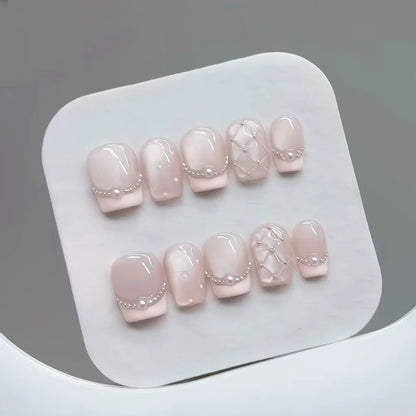 10pcs Handmade Press on Nails Plaid Pearl French Cat's Eye Aurora Fishtail Full Coverage Nail Tip for Women&Girl Removable Nail.