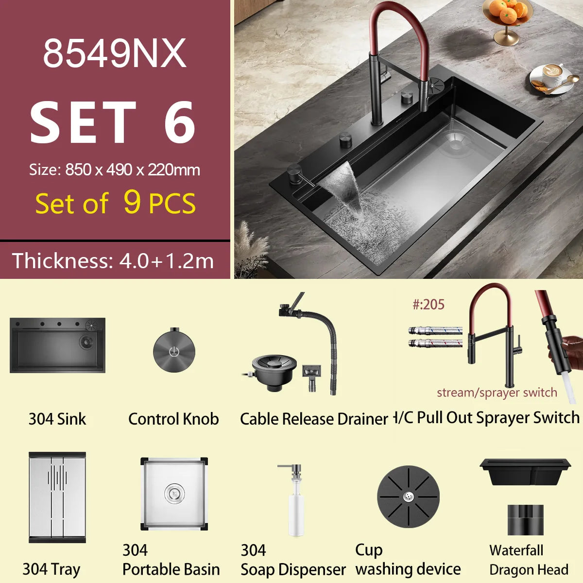 ASRAS large kitchen stainless steel nano sink with built-in waterfall faucet and large drainage outlet design