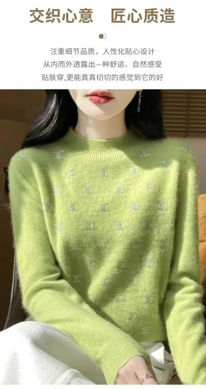 Temperament Fashion Autumn Winter New Sweaters Women Turtleneck Diamonds Long Sleeve Loose Pullovers Bottoming Shirt Knitted Top.