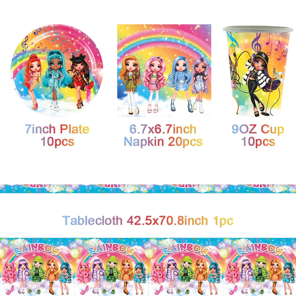 Cartoon Regenbogen Puppe High School Thema Hintergrund Geburtstag Party Dekoration Lieferungen Einweg Tasse Besteck Ballon Baby Geschenk.