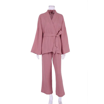 NHKDSASA Kimono Pajamas 2023 New 100% Cotton Crepe Long-Sleeved Trousers Ladies Sleepwear Suit Women's Home Service Mujer