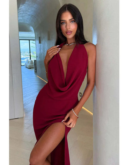 Arctic Cat Sexy Tiefem V-ausschnitt Hohe Schlitz Rückenfreies Party Kleid Für Frauen Elegante Ärmel Schlank Urlaub Strand Sommer Kleidung 2025.