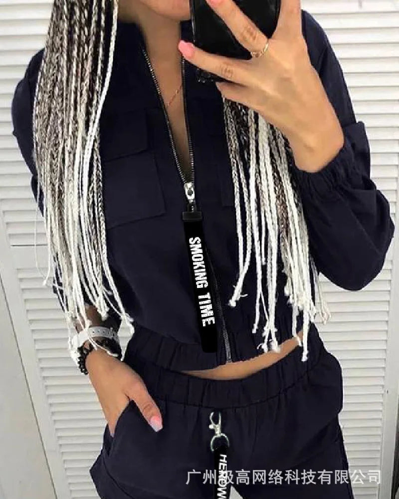 New Women Fashion Casual Autumn Winter 2pcs Clothes Set Pockets Zipper Long Sleeve Top Elastic Waist Pants Cargo Solid Color.