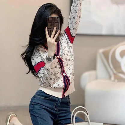 Women Knitwear Fashion Letter Jacquard Thin Cardigan Spring Slim Y2K V-neck Long Sleeve Tops Commute Vintage Sweaters.