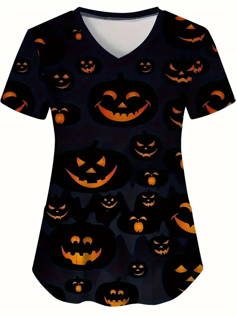 Halloween Surgical Uniforms Woman Cartoon Print Fashions Nurse Casual V-Neck Short Sleeve Patch Contest Clinical Uniform Woman.