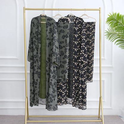Muslim Abaya Set Luxury EID Islamic Kimono Muslim Women Dress Floral Printed Chiffon Modest Gorgeous Dubai Abaya Dress Suit