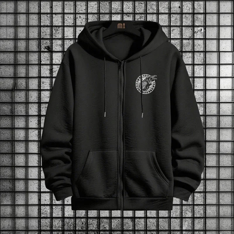 Viking Raven Print Mens Casual Tracksuit Set 2025 New 2 Pieces Zipper Hoodie with Pants Urban Streetwear Outfit Autumn Winter.