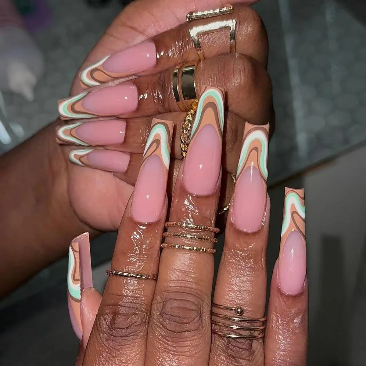 Rhinestone Glitter Powder White French Long Ballet Fake Nails Fashion Detachable Finished False Nails Press on Nails with Glue.